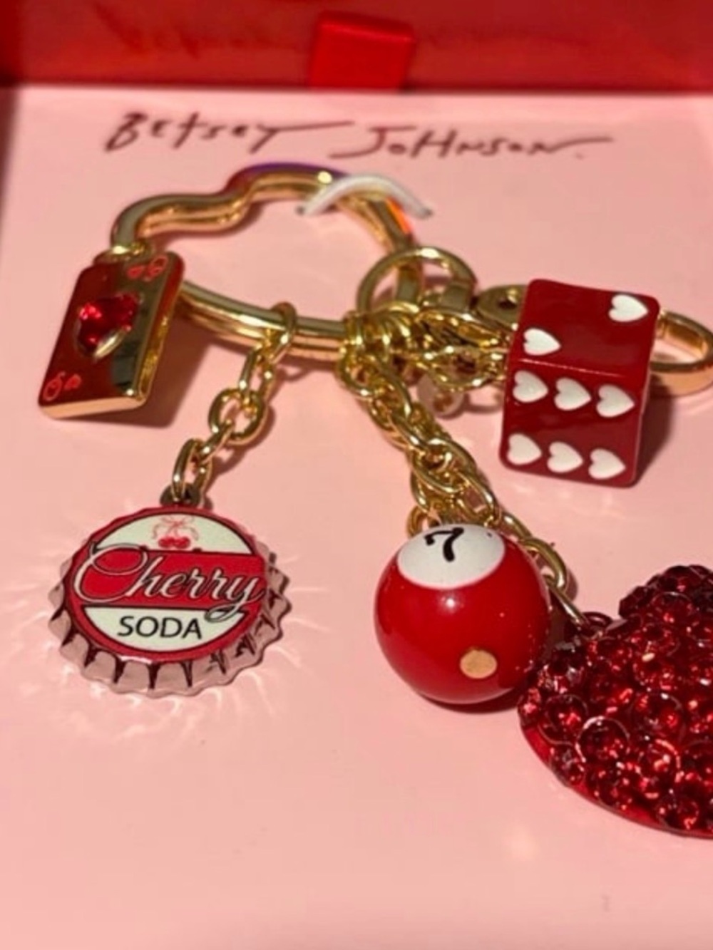 Betsey Johnson Red Crystal Heart & Cherry Soda Charm Keyring - Picture 3 of 4